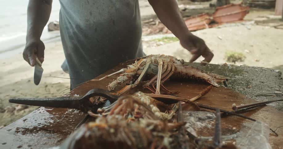 A man carves up a lobster on a table outside