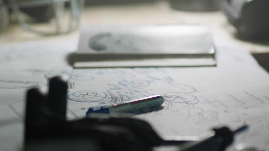 Drawings and sketches cover a desk