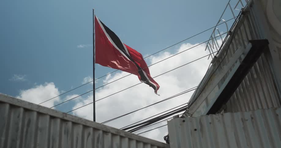 A flag flies in the wind over a building made of corrugated metal sheets
