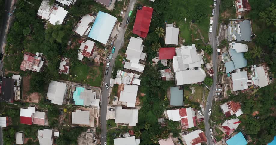 Birds eye view of houses in a neighborhood