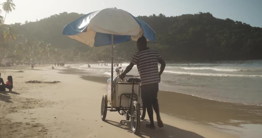 Man pushing a cart on tropical beach