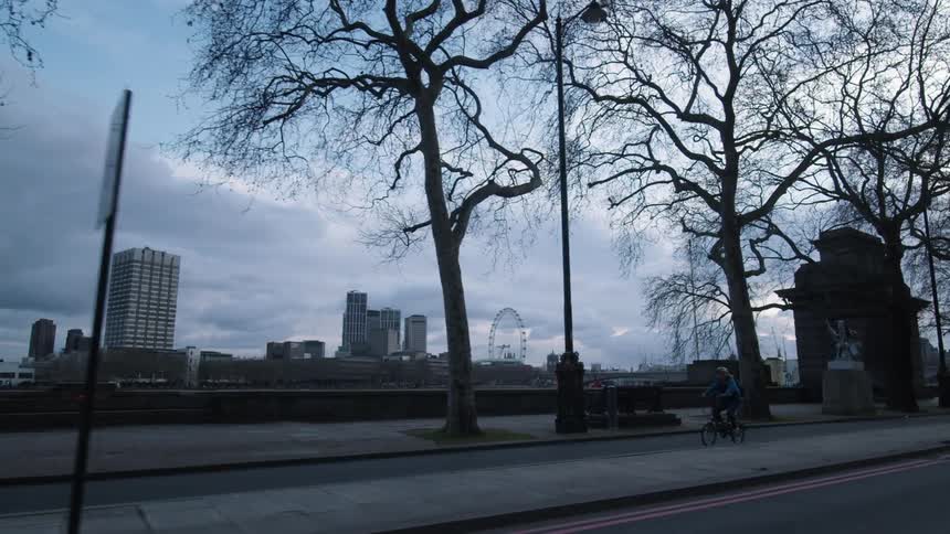 City skyline beyond street bike lane and bare trees