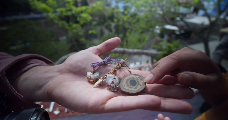 People browse street display of jewelry near grass
