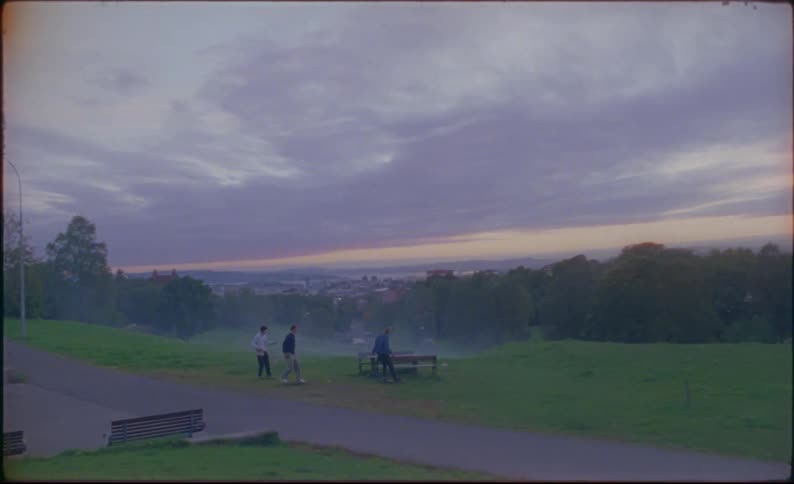 Three friends ride skateboards on a park path