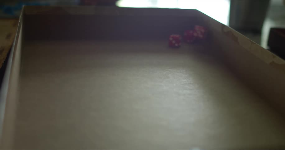A person rolls the dice in the cardboard box