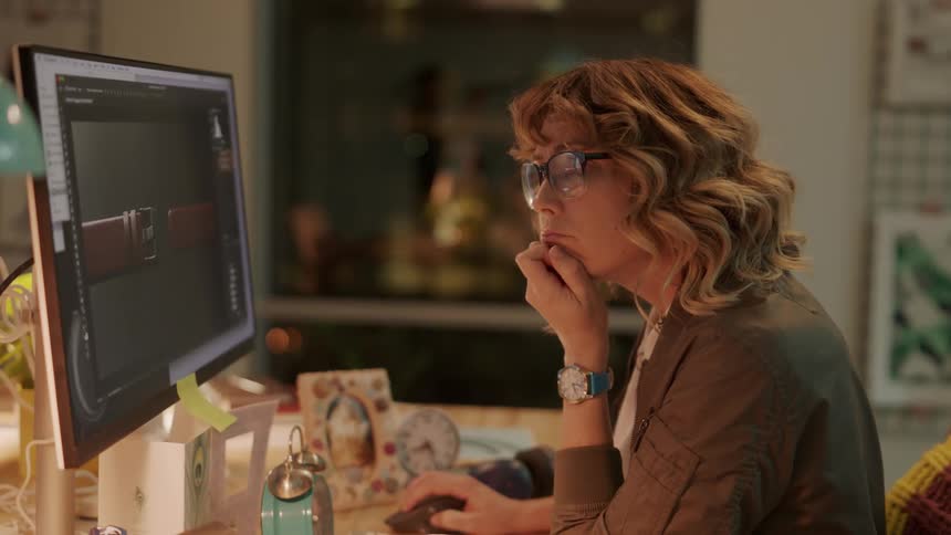 Blonde woman uses a desktop computer