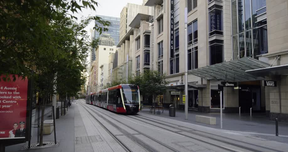 A train in a city street