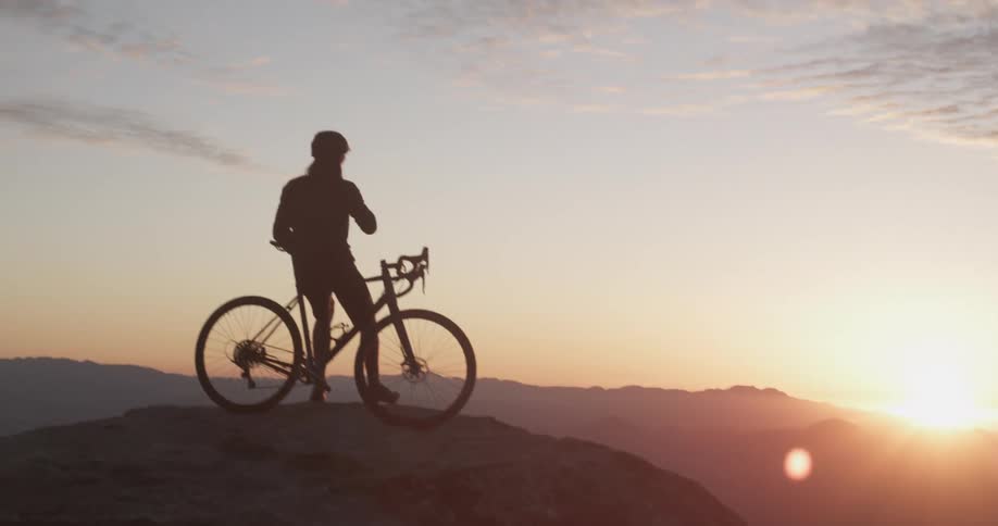 A person rests on their bike and looks across the land