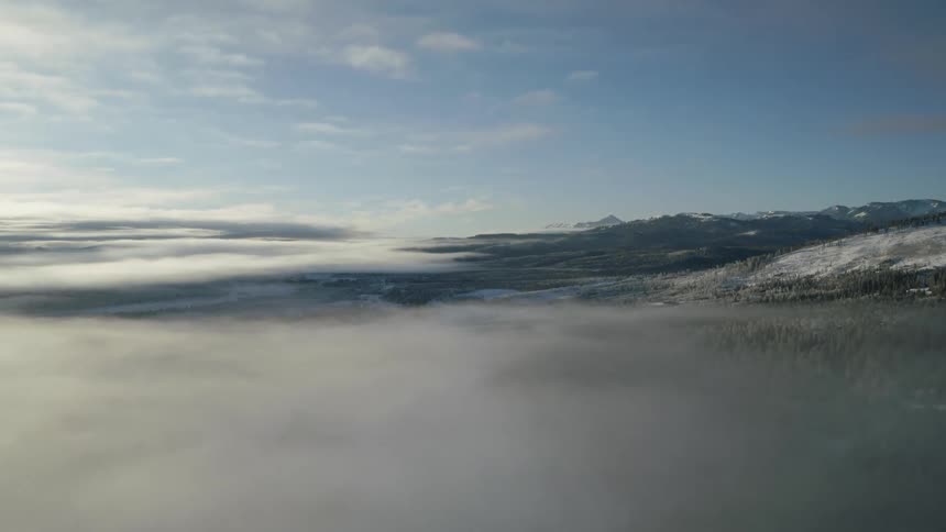 Low lying clouds slowly reveal mountainous terrain and a large forest