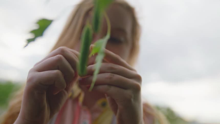 Little girl fiddles with a branch of a tree on a cloudy day