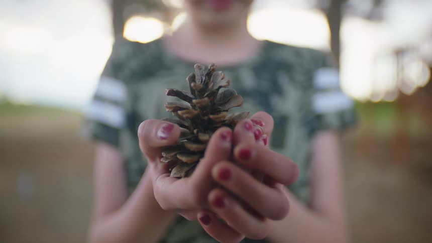 A young white girl steps forward with a pine cone in her cupped hands