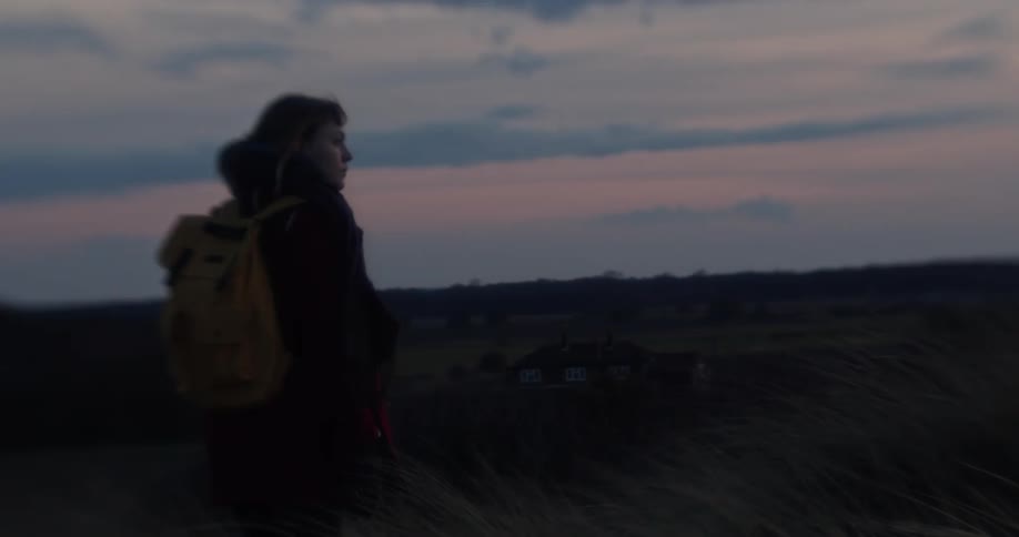 Woman walks in the field at dusk