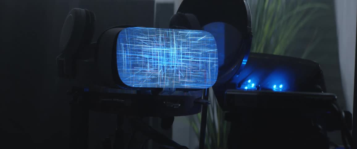 White lines on a blue background flash on the screen of a virtual reality headset