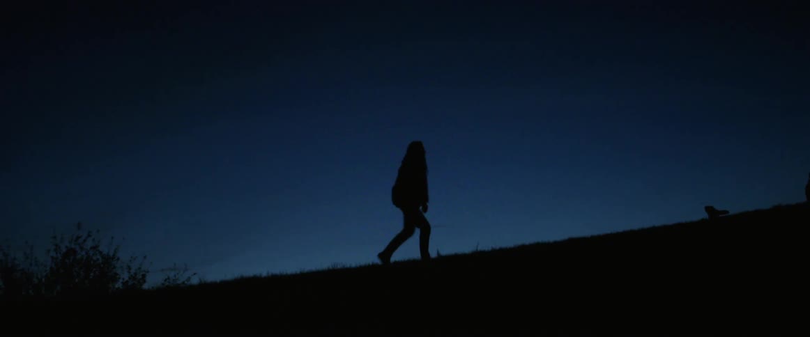 A person walks up a hill at night