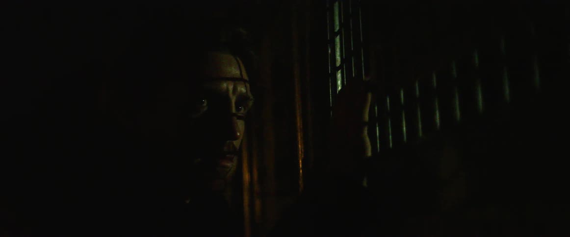 A white man looks through a metal cage in fear