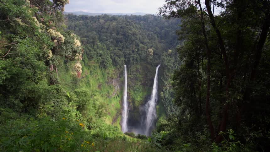 Waterfall streams down a mountain cliff on the forest