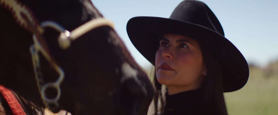 Brunette woman wearing a black wide hat stares at the dark horse