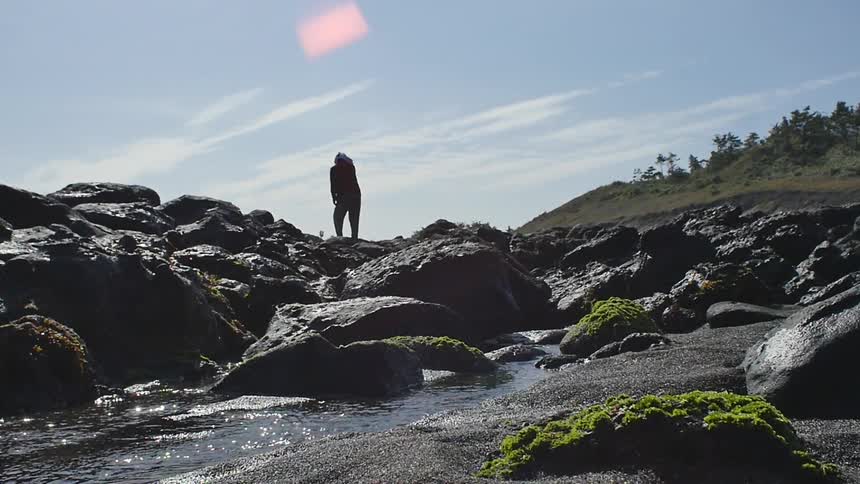 A woman leaning on stick and standing on a rocky shore