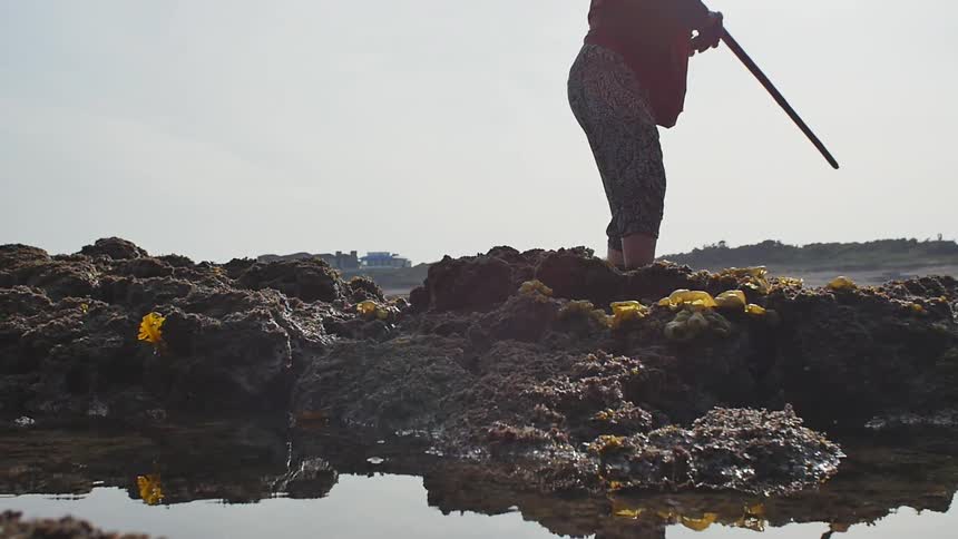 A person is using a walking stick to move over some rocks