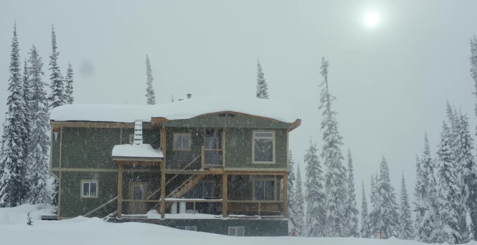 A house covered with snow with trees in the background