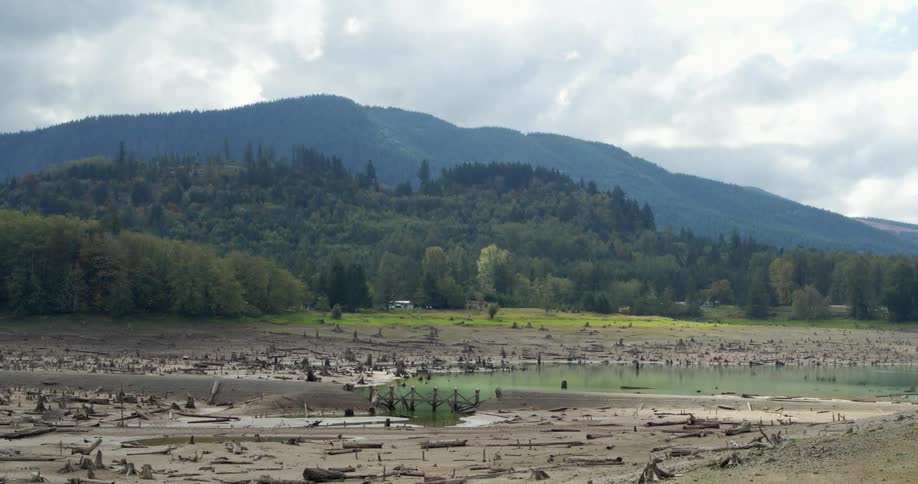 The water is green in the marshes before the mountains