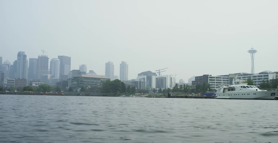 The ocean bordering a metropolis under a cloudy sky