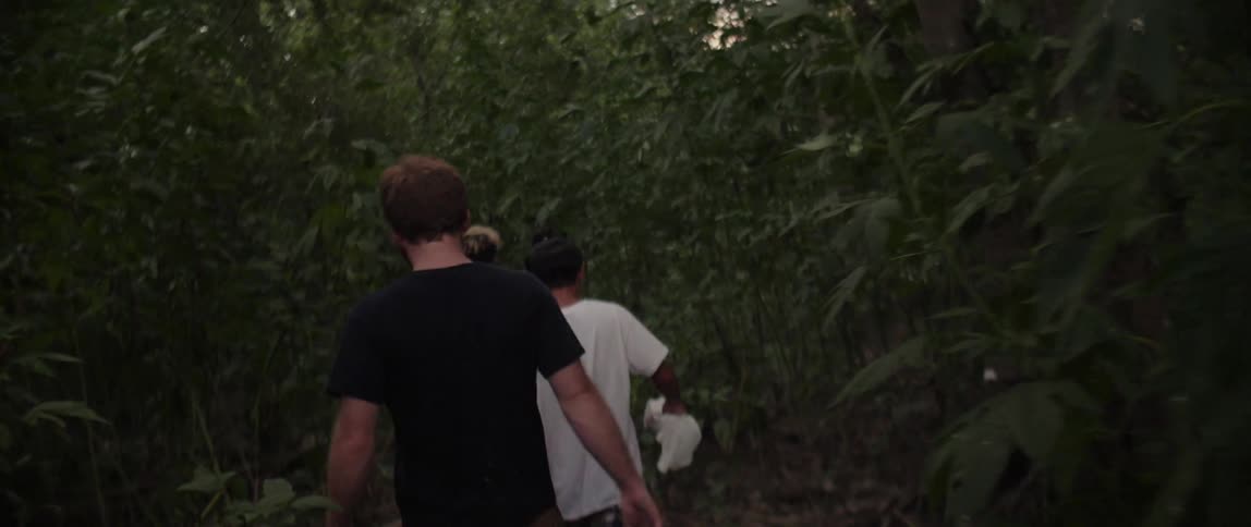 Three teens walk through a forest