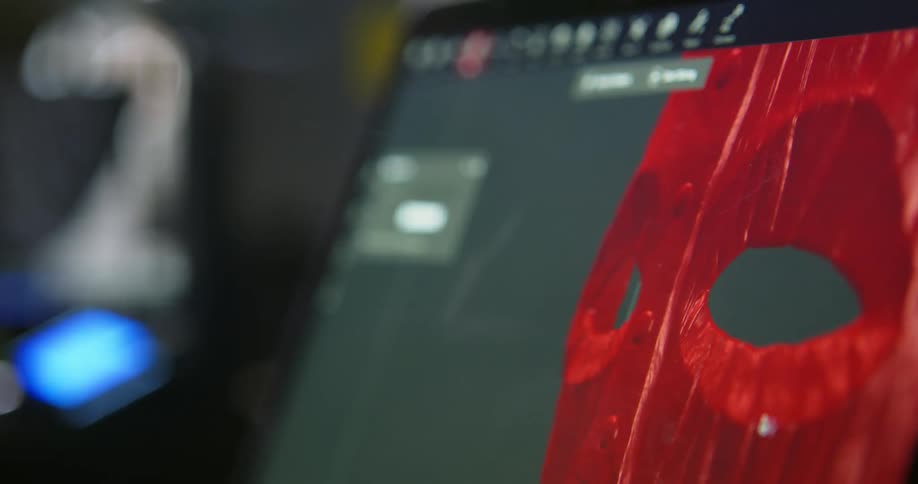 A 3d mask is created on a computer monitor
