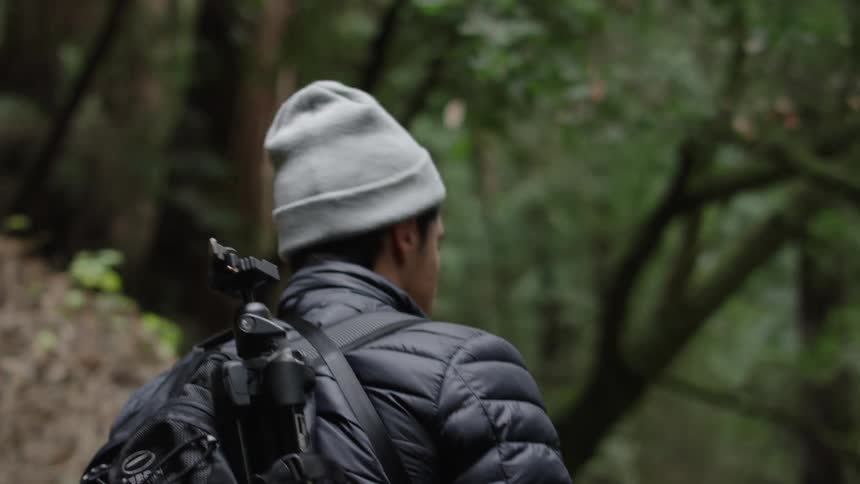 A young white man hikes through a forest