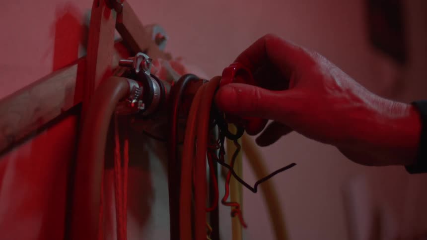 A firefighter turns a knob attached to a fire hose
