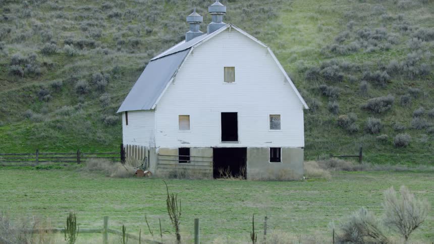 White barn surrounded by early spring grass and a wooden fence in this pastoral and nostalgic rural landscape