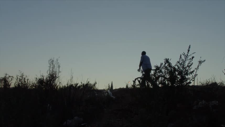 A man walks a bicycle through nature