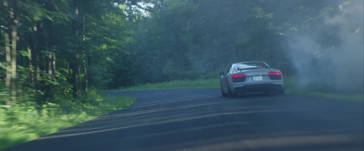 A white audi sports car driving through a patch of fog on a forested road