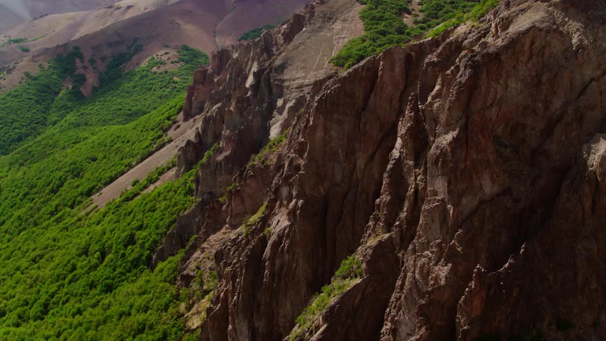 A mountain with cliffs looms over a valley covered in a forest