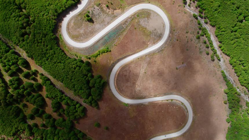 The winding road is in the middle of the forest