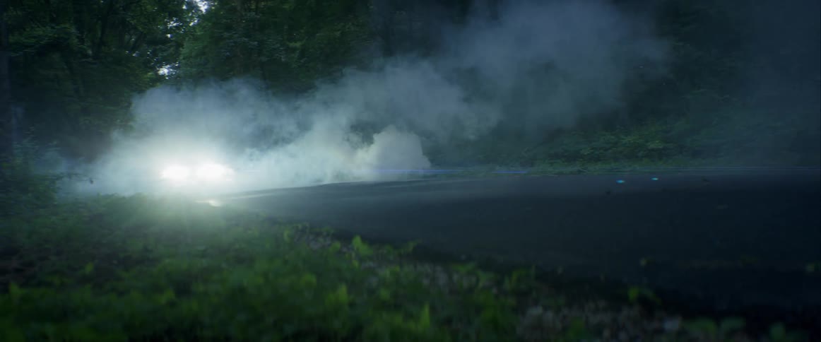 A white car drives through mist on a forested road
