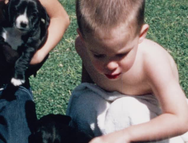 Two boys playing with puppies on the lawn