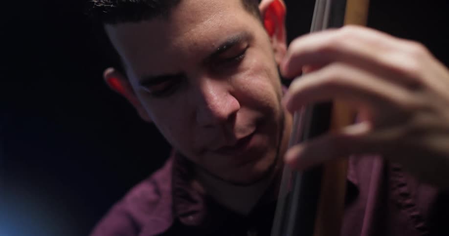 Man concentrates while performing on a stringed instrument