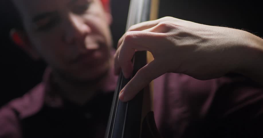 Cello soloist with deep red shirt plays the upright bass