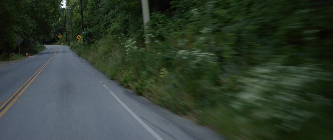 Vehicle drives down a highway through forest
