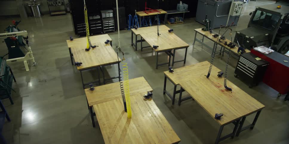 Tables inside of a factory