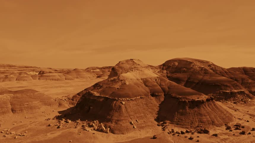 Plateaus and highlands of varying sizes sit in a vast Mars desert