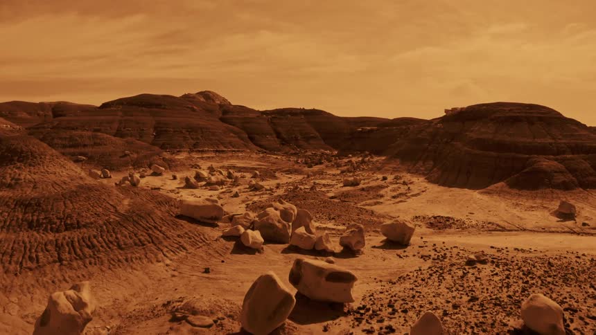 A desert with plateaus and the sky in the background surface of Mars