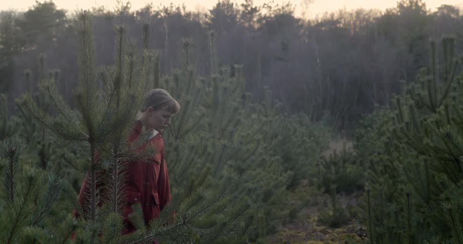 Woman in red coat walks around small pine trees in a forest