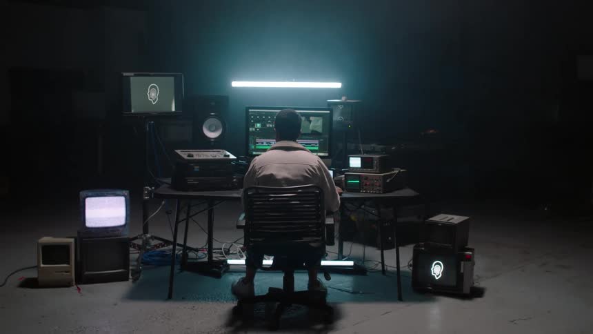 A man sits down at a desk filled with audio equipment
