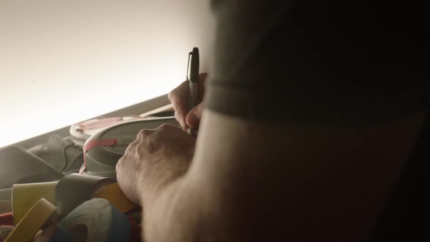 A person is writing with a marker on a label