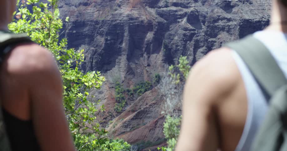 Two men stand looking out over a canyon