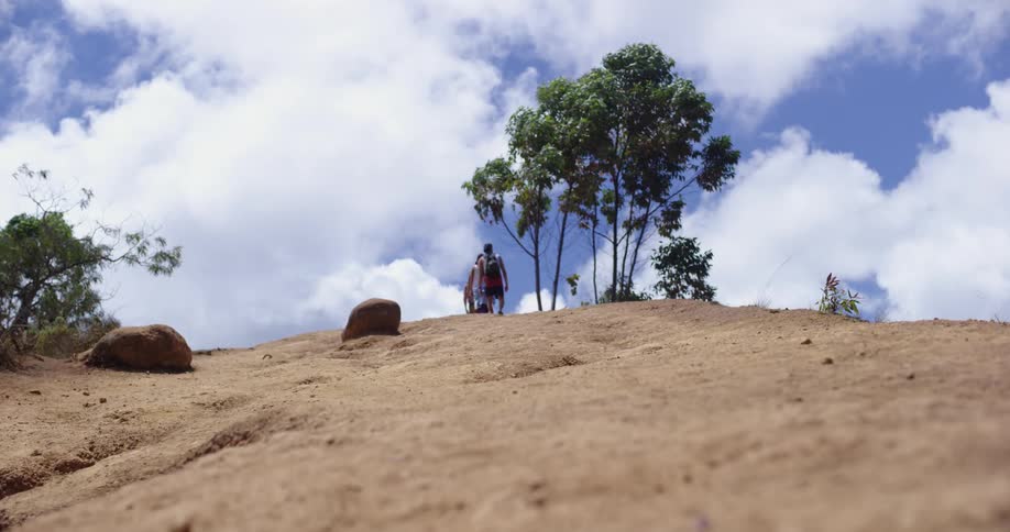 A group of people hike in line up the hill