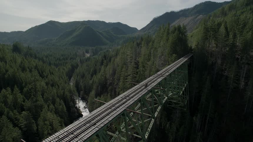 Two people are standing on a train bridge gaping two mountains