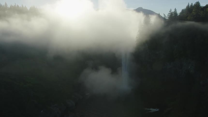 Clouds float over a waterfall and mountains